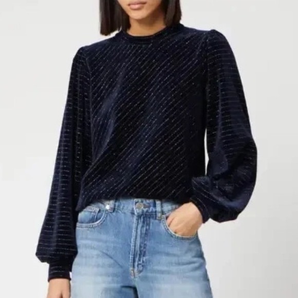 Ganni Velvet Top Size 38, Navy Blue Long Sleeve Sparkle Stripe Mock Neck - Picture 1 of 11